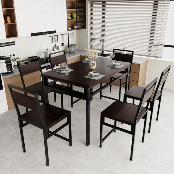 English Elm 6Pcs Extendable Dining Set Walnut Grain Top Matte Black Iron Frame Seats Six W3064S00017