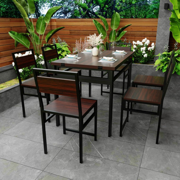 English Elm 6Pcs Extendable Dining Set Walnut Grain Top Matte Black Iron Frame Seats Six W3064S00017