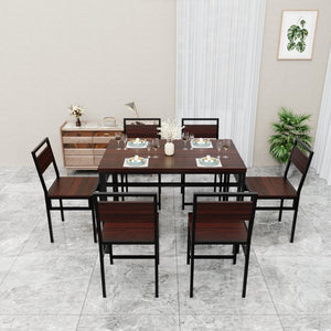 English Elm 6Pcs Extendable Dining Set Walnut Grain Top Matte Black Iron Frame Seats Six W3064S00017