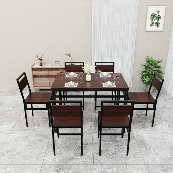 English Elm 6Pcs Extendable Dining Set Walnut Grain Top Matte Black Iron Frame Seats Six W3064S00017