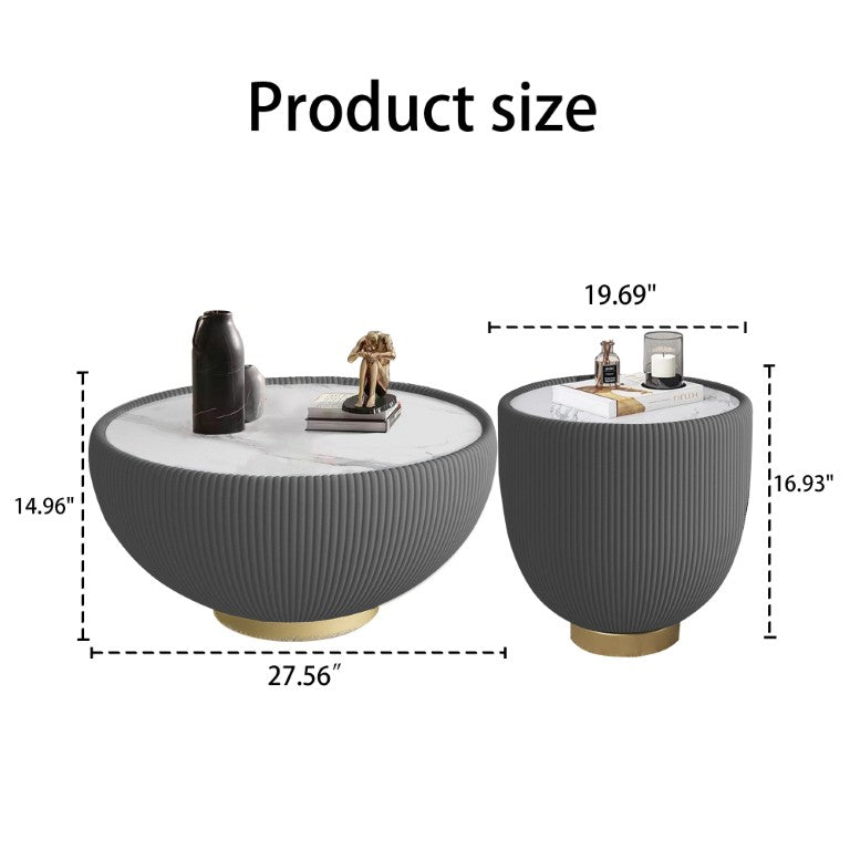 English Elm Modern Sintered Stone Drum Side Table with Leather Wrap and Brass Base for Living Room W3081P388893