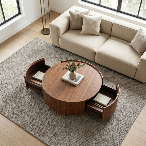 English Elm 39.37 Round Drum Coffee Table Walnut Veneer Hidden Drawers Mid-Century Living Room W3081P411159