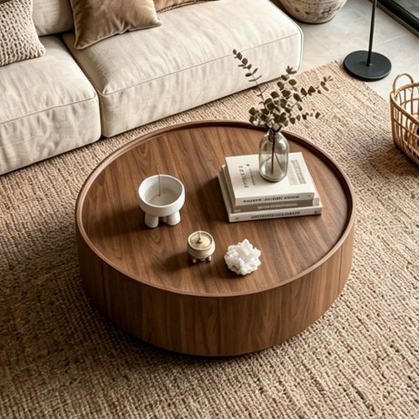 English Elm 39.37 Round Drum Coffee Table Walnut Veneer Hidden Drawers Mid-Century Living Room W3081P411159