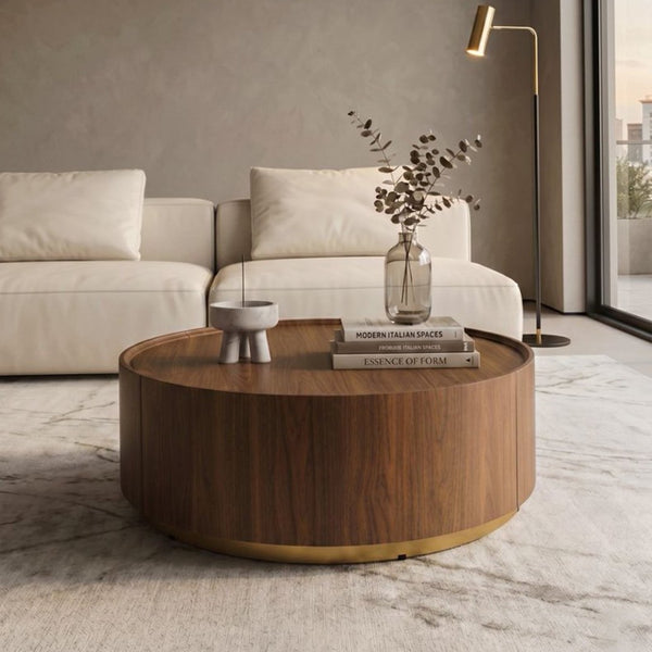 English Elm 39.37 Round Drum Coffee Table Walnut Veneer Hidden Drawers Mid-Century Living Room W3081P411159