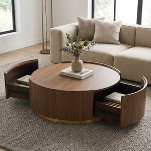 English Elm 39.37 Round Drum Coffee Table Walnut Veneer Hidden Drawers Mid-Century Living Room W3081P411159