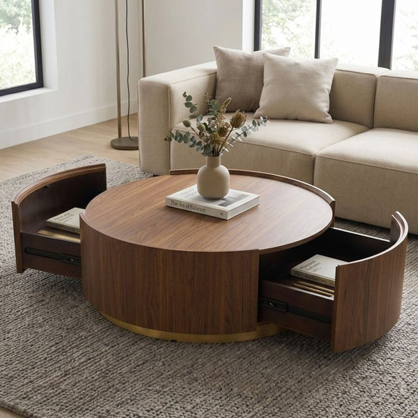 English Elm 39.37 Round Drum Coffee Table Walnut Veneer Hidden Drawers Mid-Century Living Room W3081P411159