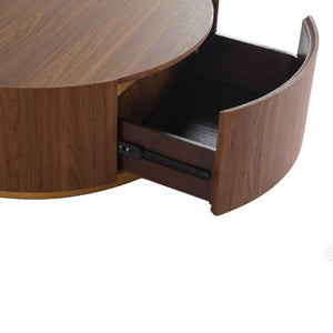 English Elm 39.37 Round Drum Coffee Table Walnut Veneer Hidden Drawers Mid-Century Living Room W3081P411159