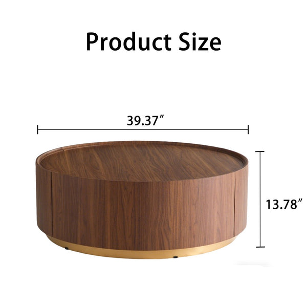 English Elm 39.37 Round Drum Coffee Table Walnut Veneer Hidden Drawers Mid-Century Living Room W3081P411159