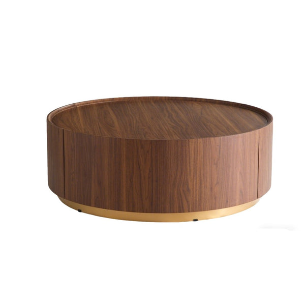 English Elm 39.37 Round Drum Coffee Table Walnut Veneer Hidden Drawers Mid-Century Living Room W3081P411159