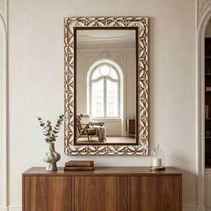 English Elm 29.13×47.24 Ornate Floral Relief MDF Wall Mirror Bohemian Distressed Frame Bedroom Decor W3081P426445