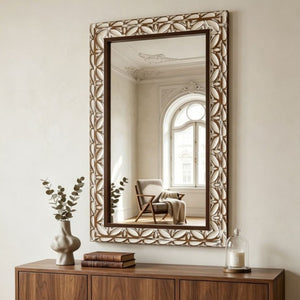 English Elm 29.13×47.24 Ornate Floral Relief MDF Wall Mirror Bohemian Distressed Frame Bedroom Decor W3081P426445