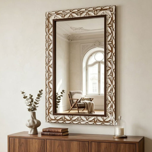 English Elm 29.13×47.24 Ornate Floral Relief MDF Wall Mirror Bohemian Distressed Frame Bedroom Decor W3081P426445