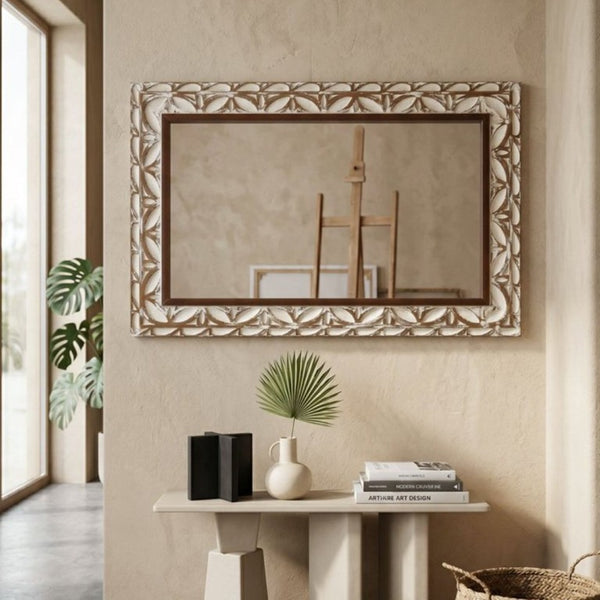 English Elm 29.13×47.24 Ornate Floral Relief MDF Wall Mirror Bohemian Distressed Frame Bedroom Decor W3081P426445