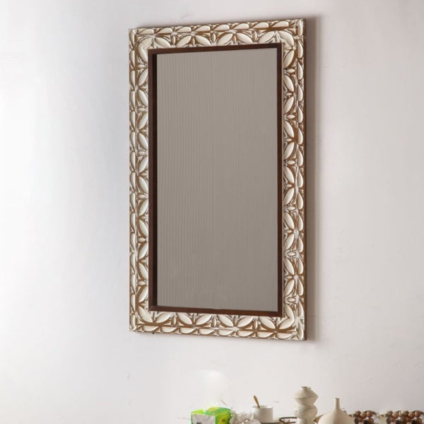 English Elm 29.13×47.24 Ornate Floral Relief MDF Wall Mirror Bohemian Distressed Frame Bedroom Decor W3081P426445