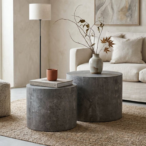 English Elm Nesting Coffee Tables Round Faux Concrete Finish Industrial Modern Accent Duo for Small Spaces Stone Gray W3081P440056