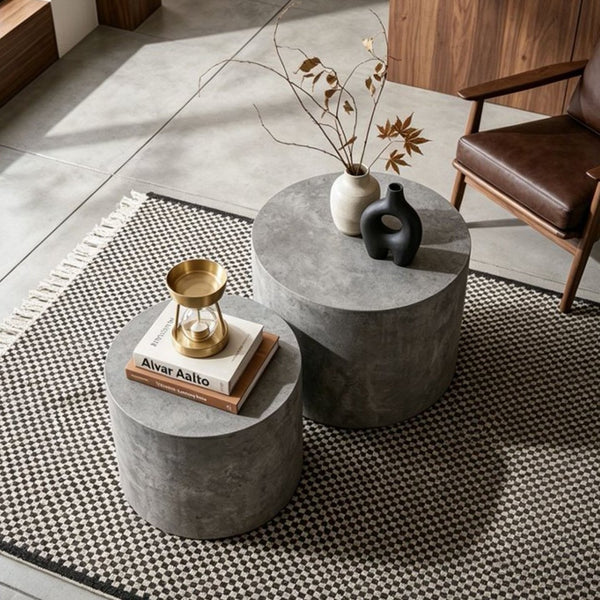 English Elm Nesting Coffee Tables Round Faux Concrete Finish Industrial Modern Accent Duo for Small Spaces Stone Gray W3081P440056