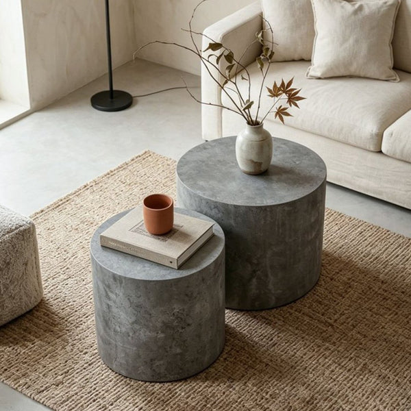 English Elm Nesting Coffee Tables Round Faux Concrete Finish Industrial Modern Accent Duo for Small Spaces Stone Gray W3081P440056