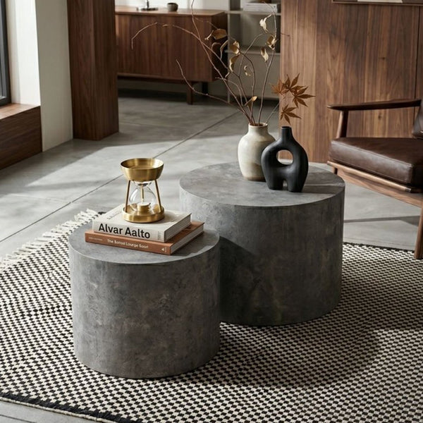 English Elm Nesting Coffee Tables Round Faux Concrete Finish Industrial Modern Accent Duo for Small Spaces Stone Gray W3081P440056