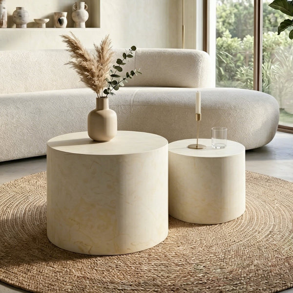 English Elm Nesting Coffee Tables Round Faux Concrete Finish Industrial Modern Accent Duo for Small Spaces W3081P440057