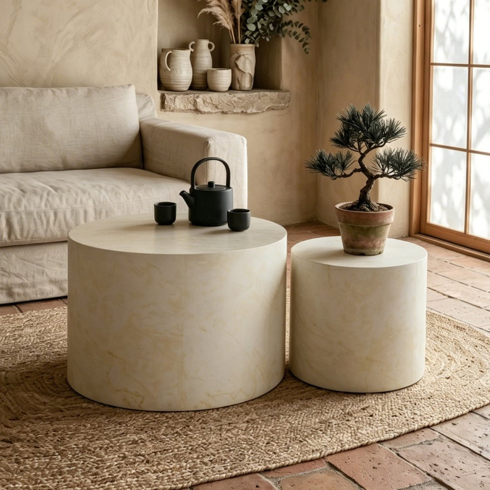 English Elm Nesting Coffee Tables Round Faux Concrete Finish Industrial Modern Accent Duo for Small Spaces W3081P440057