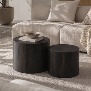 English Elm Nesting Coffee Tables Round Faux Concrete Finish Industrial Modern Accent Duo for Small Spaces Black Woodgrain W3081P440058