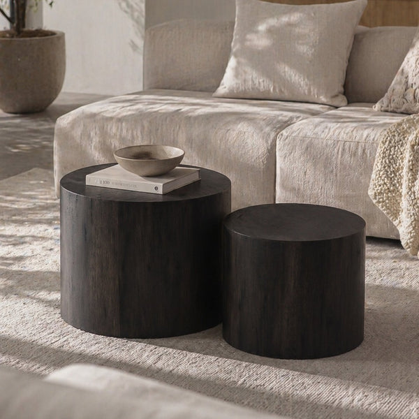English Elm Nesting Coffee Tables Round Faux Concrete Finish Industrial Modern Accent Duo for Small Spaces Black Woodgrain W3081P440058