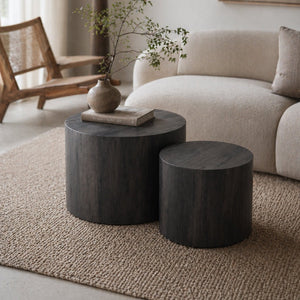 English Elm Nesting Coffee Tables Round Faux Concrete Finish Industrial Modern Accent Duo for Small Spaces Black Woodgrain W3081P440058