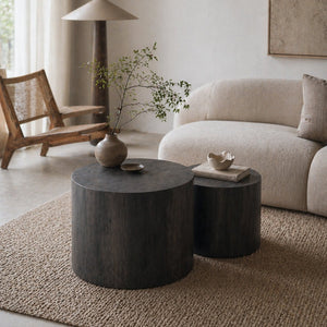 English Elm Nesting Coffee Tables Round Faux Concrete Finish Industrial Modern Accent Duo for Small Spaces Black Woodgrain W3081P440058