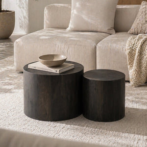 English Elm Nesting Coffee Tables Round Faux Concrete Finish Industrial Modern Accent Duo for Small Spaces Black Woodgrain W3081P440058