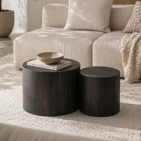 English Elm Nesting Coffee Tables Round Faux Concrete Finish Industrial Modern Accent Duo for Small Spaces Black Woodgrain W3081P440058
