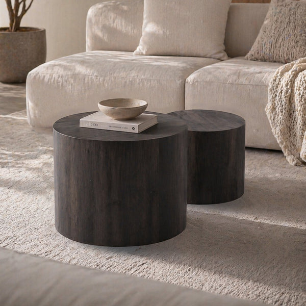English Elm Nesting Coffee Tables Round Faux Concrete Finish Industrial Modern Accent Duo for Small Spaces Black Woodgrain W3081P440058
