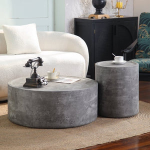 English Elm 31.5" Round Drum Coffee Table Faux Concrete Mdf Low Profile Modern Living Room Stone Gray W3081P440125