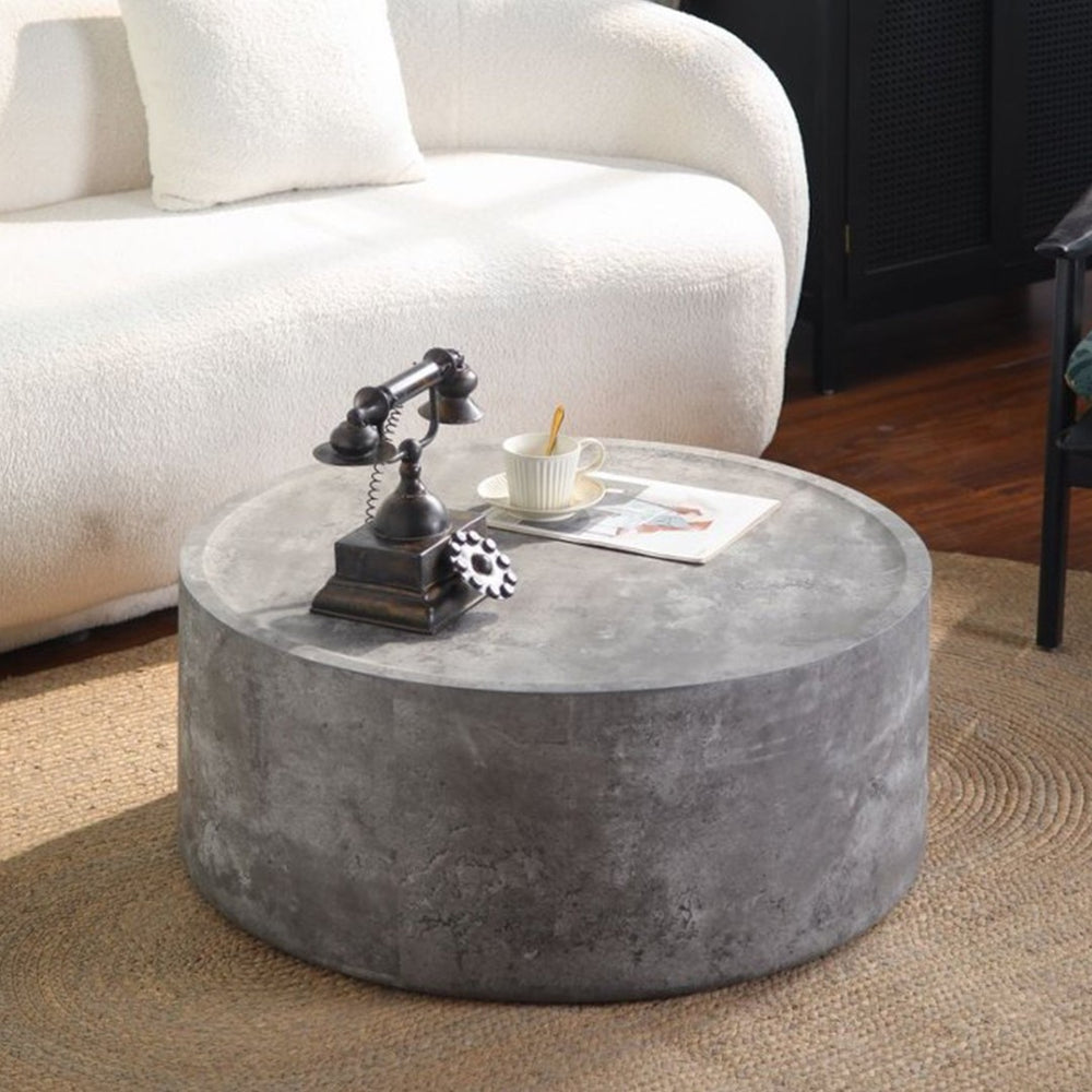 English Elm 39.37 Inch Round Drum Coffee Table Faux Concrete Finish Ready to Use Modern Loft Decor W3081P440126