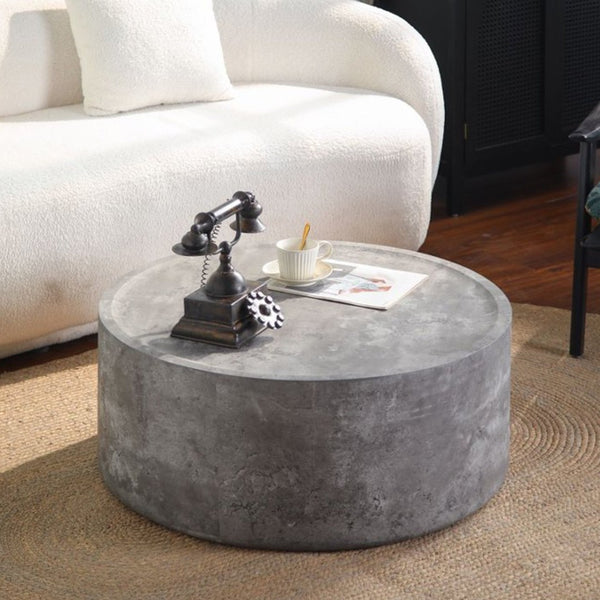English Elm 39.37 Inch Round Drum Coffee Table Faux Concrete Finish Ready to Use Modern Loft Decor W3081P440126