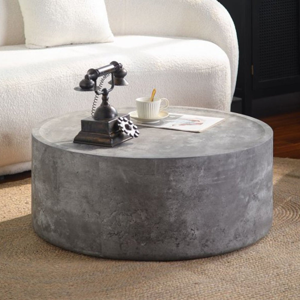 English Elm 39.37 Inch Round Drum Coffee Table Faux Concrete Finish Ready to Use Modern Loft Decor W3081P440126