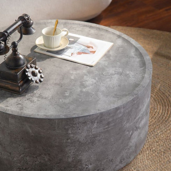 English Elm 39.37 Inch Round Drum Coffee Table Faux Concrete Finish Ready to Use Modern Loft Decor W3081P440126