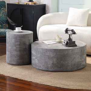English Elm 39.37 Inch Round Drum Coffee Table Faux Concrete Finish Ready to Use Modern Loft Decor W3081P440126