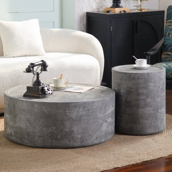 English Elm 39.37 Inch Round Drum Coffee Table Faux Concrete Finish Ready to Use Modern Loft Decor W3081P440126