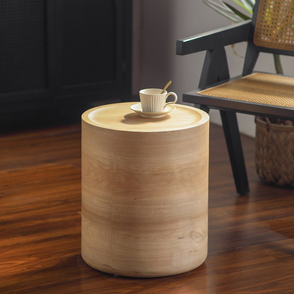 English Elm Natural Wood Grain Drum Side Table Ready to Use Accent for Bedroom or Living Room W3081P440128
