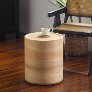 English Elm Natural Wood Grain Drum Side Table Ready to Use Accent for Bedroom or Living Room W3081P440128