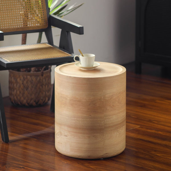 English Elm Natural Wood Grain Drum Side Table Ready to Use Accent for Bedroom or Living Room W3081P440128