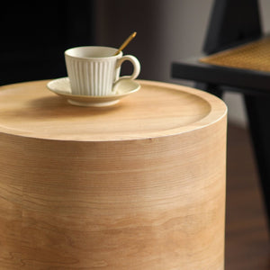 English Elm Natural Wood Grain Drum Side Table Ready to Use Accent for Bedroom or Living Room W3081P440128
