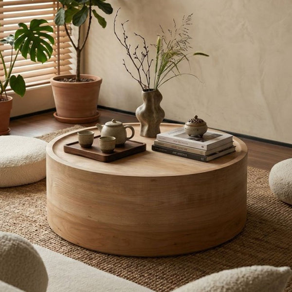 English Elm 31.5" Round Drum Coffee Table Faux Concrete Mdf Low Profile Modern Living Room Natural Wood W3081P440129