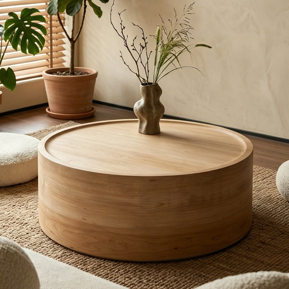 English Elm 31.5" Round Drum Coffee Table Faux Concrete Mdf Low Profile Modern Living Room Natural Wood W3081P440129