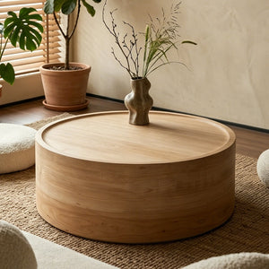 English Elm 31.5" Round Drum Coffee Table Faux Concrete Mdf Low Profile Modern Living Room Natural Wood W3081P440129
