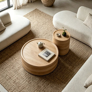 English Elm 31.5" Round Drum Coffee Table Faux Concrete Mdf Low Profile Modern Living Room Natural Wood W3081P440129