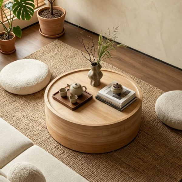 English Elm 31.5" Round Drum Coffee Table Faux Concrete Mdf Low Profile Modern Living Room Natural Wood W3081P440129