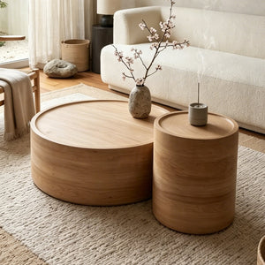 English Elm 31.5" Round Drum Coffee Table Faux Concrete Mdf Low Profile Modern Living Room Natural Wood W3081P440129