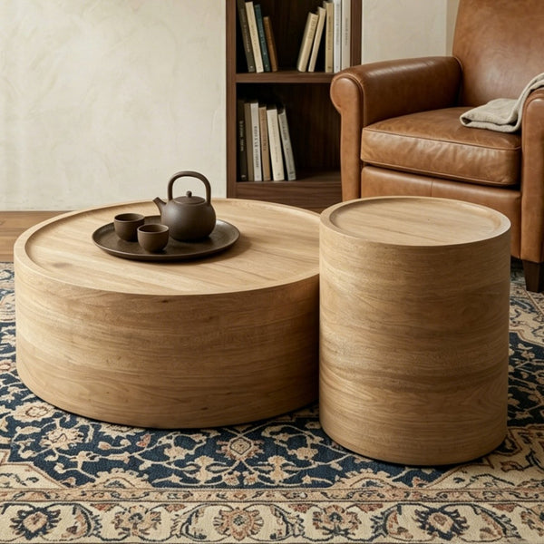 English Elm 31.5" Round Drum Coffee Table Faux Concrete Mdf Low Profile Modern Living Room Natural Wood W3081P440129