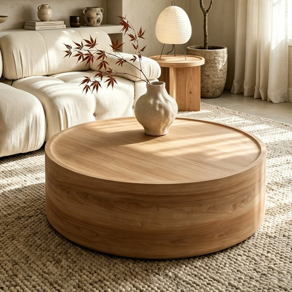 English Elm 39.37 Inch Round Drum Coffee Table Natural Veneer Finish Low Profile Living Room Centerpiece W3081P440130